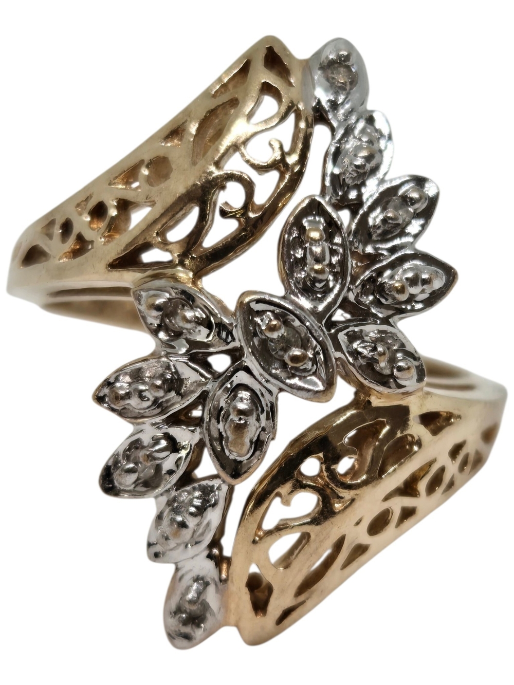 Large 10K Yelliw Solid Gold Floral Diamond Cluster Filigree Ring Sz 6